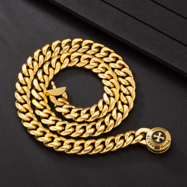 Philippans 4:13 Cross Button Logo 12 MM Cuban Link Chain Necklace