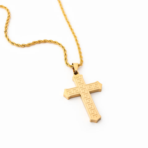Greek Key Cross Pendant Necklace - 18k Gold Plated
