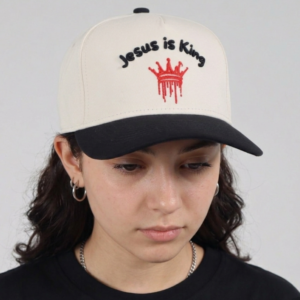JESUS IS KING EMBROIDERED SNAPBACK CREAM/BLACK HAT