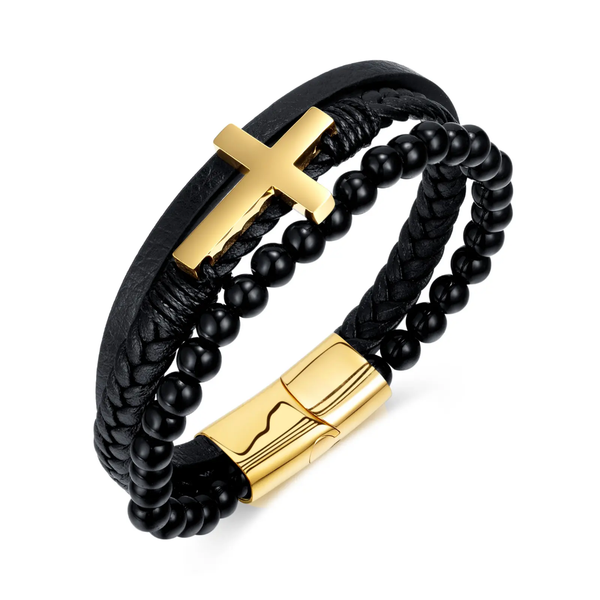 Cross Leather Beaded Bracelet