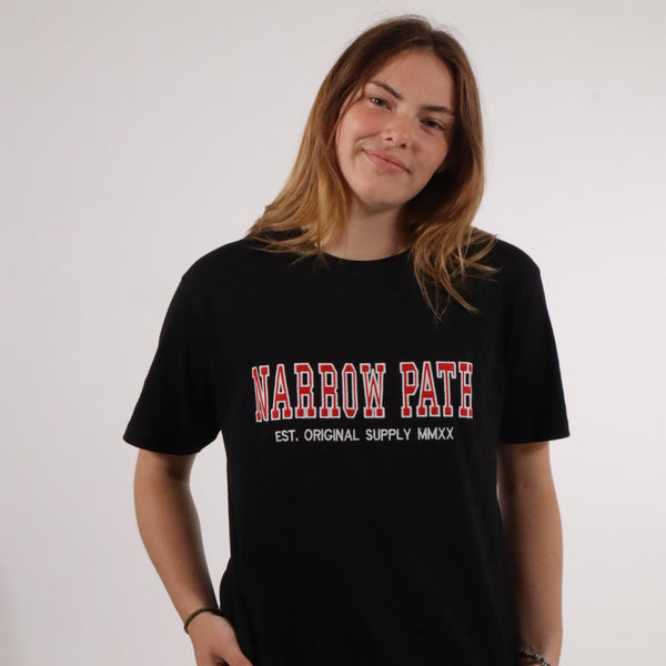 NARROW PATH COLLEGE EMBROIDERED TEE BLACK