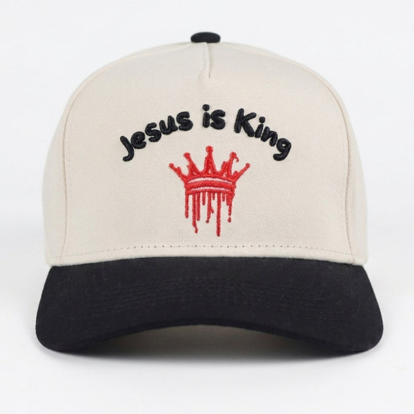 JESUS IS KING EMBROIDERED SNAPBACK CREAM/BLACK HAT