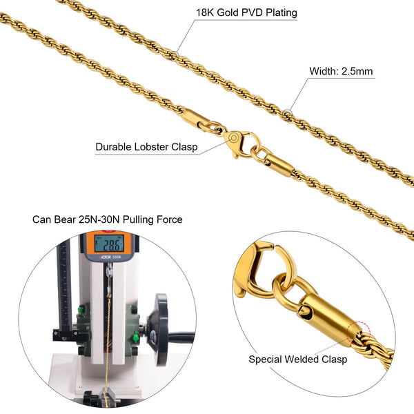 2.5MM Rope Chain 18K Plated