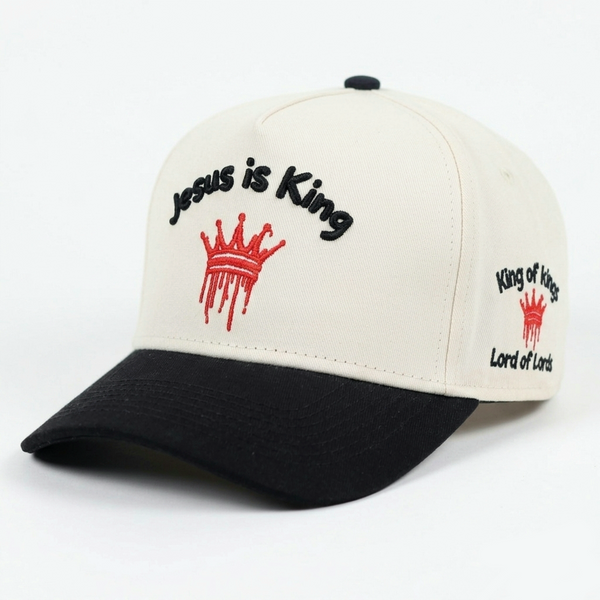 JESUS IS KING EMBROIDERED SNAPBACK CREAM/BLACK HAT